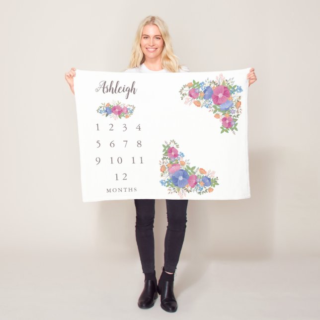 Rosa Wildblumen-weißes Baby-Monatsmeilenstein Fleecedecke (Beispiel)