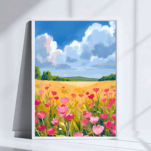 Rosa Wildblumenfeld Blumen-Wasserfarbenmalerei Poster