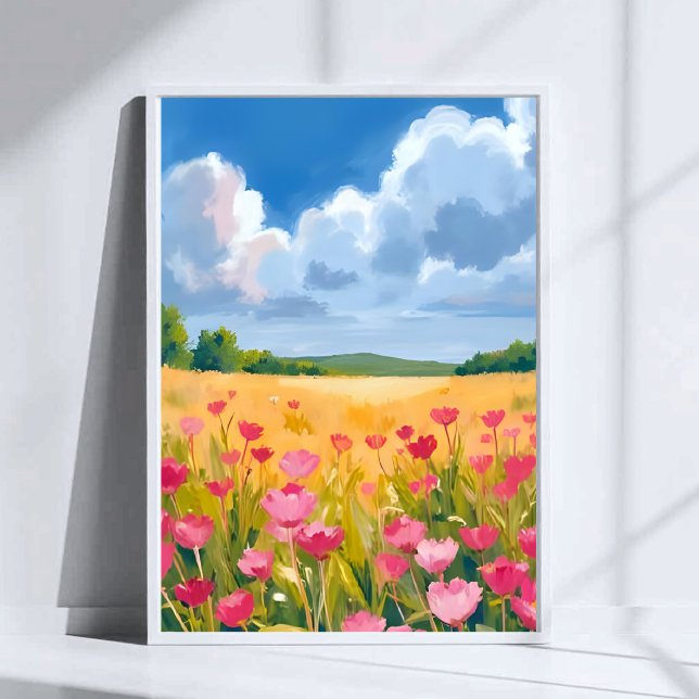 Rosa Wildblumenfeld Blumen-Wasserfarbenmalerei Poster (Von Creator hochgeladen)