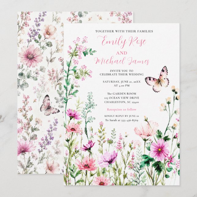 Rosa Wildblumengarten-Hochzeit Einladung (Vorne/Hinten)