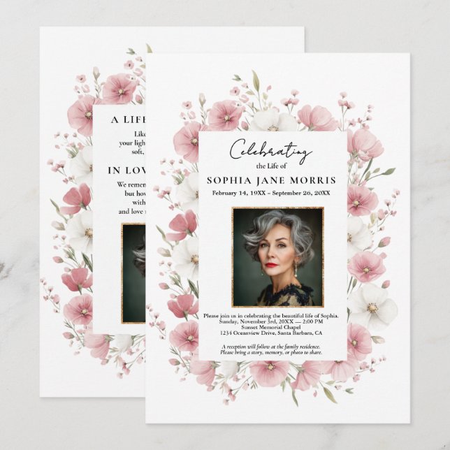 Rosa wilde Blumen Trauer Einladung (Vorne/Hinten)