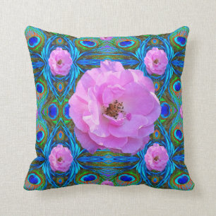 ROSA WILDE ROSEN AUF BLAUER GEOMETRISCHER KUNST KISSEN