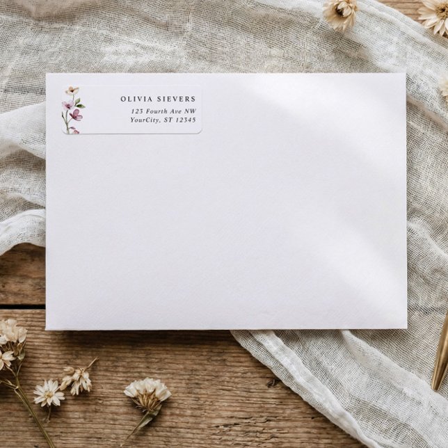 Rosa Wildflower Brautparty Rücksendeadresse (Floral wildflower return address labels with soft watercolor flowers and greenery)