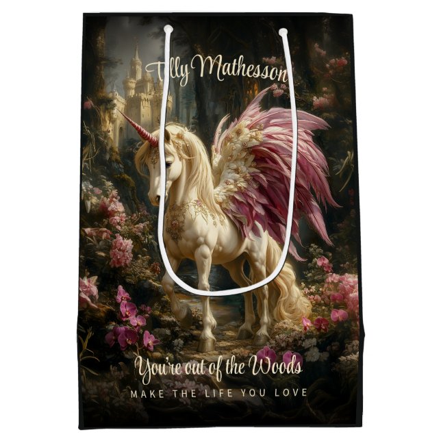 Rosa Winged Forest Unicorn Wald Wald Wald Mittlere Geschenktüte (Rückseite)