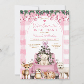 Rosa Winter-LKW Onederland 1. Geburtstag Tiere Einladung