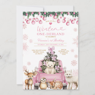 Rosa Winter-LKW Onederland 1. Geburtstag Tiere Einladung
