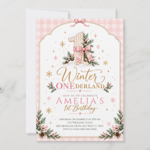 Rosa Winter Onederland Gingham Erster Geburtstag Einladung