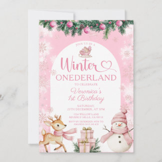 Rosa Winter Onederland Mädchen Geburtstag Schneefl Einladung