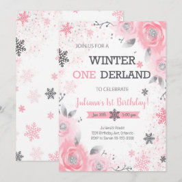 Rosa Winter Wonderland 1. Geburtstag Einladung
