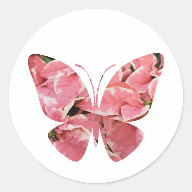 Rosa Winterapfel Poinsettia Blume Schmetterling Runder Aufkleber (Vorderseite)