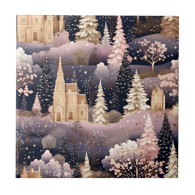 Rosa Winterhirsch Fantasy-Schloss Landschaft (3) Fliese (Vorderseite)