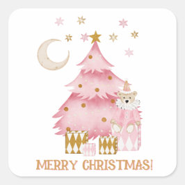 Rosa Winterurlaub Süßwarenbär Quadratischer Aufkleber