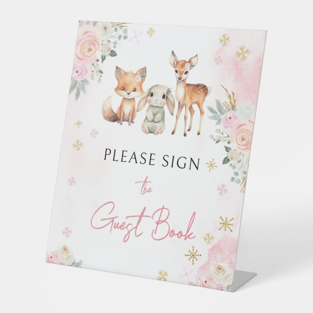 Rosa Winterwald Babydusche Gästebuch Sockelschild (Vorderseite)