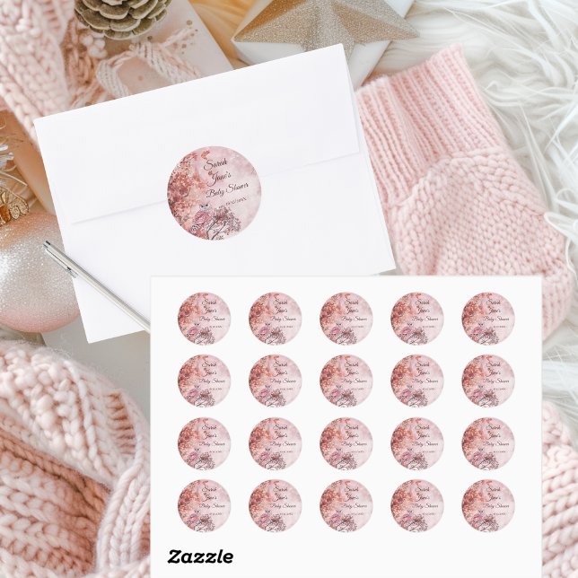 Rosa Winterwald moderne Babydusche Runder Aufkleber (Round Pink Baby Shower Stickers)