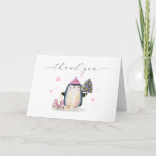 Rosa Winterwald Skate Pinguin Baby Shower Dankeskarte