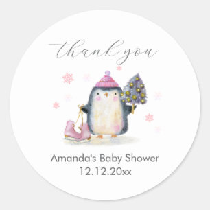 Rosa Winterwald Skate Pinguin Baby Shower Runder Aufkleber