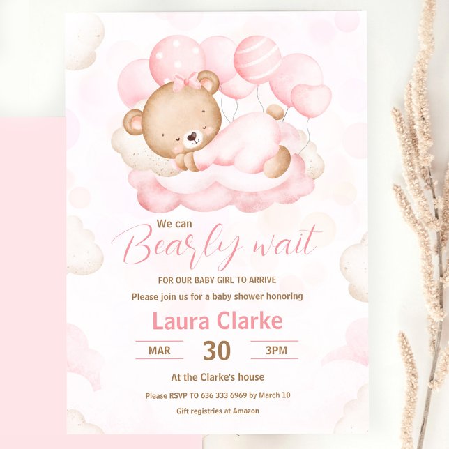 Rosa Wir können frühzeitig auf die Baby-Babydusche Einladung (Pink We Can Bearly Wait Girl Bear Baby Shower Invitation)