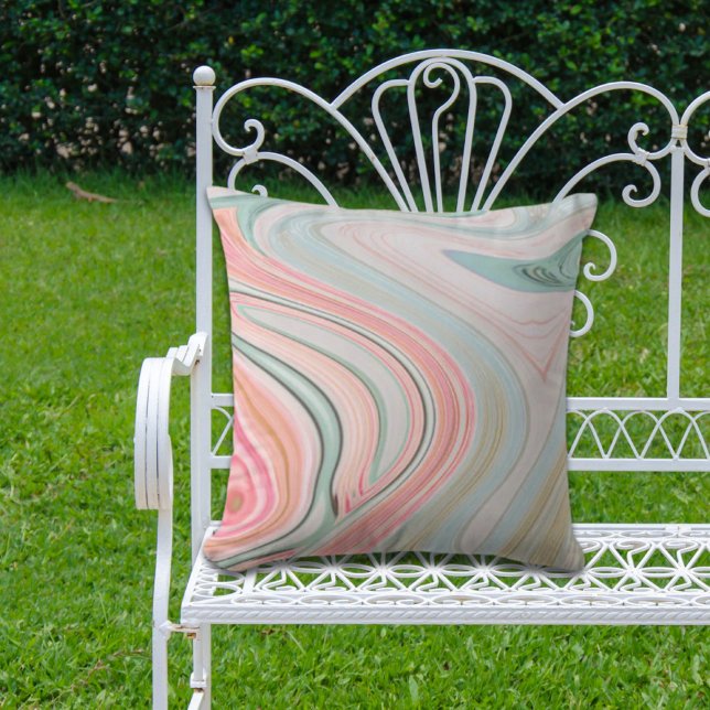 Rosa Wirbel aus Rosa Korallenminze, grüner Regenbo Kissen (blush pink coral mint green rainbow marble swirls outdoor pillow)