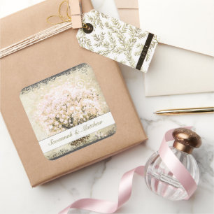 Rosa Wirbel Herzblatt Baum Hochzeitsstempel Quadratischer Aufkleber