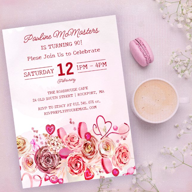 Rosa Wirbles Herz Valentins 90. Geburtstag Einladung (Von Creator hochgeladen)