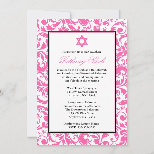 Rosa wirl Damask Bat Mitzvah Einladungen (Vorderseite)