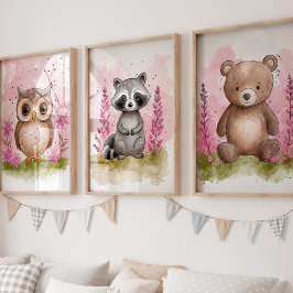Rosa Woodland Kinderzimmer Kunst Set drucken