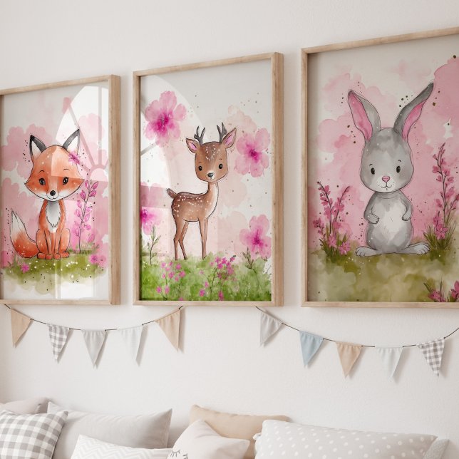 Rosa Woodland Kinderzimmer Kunst Set drucken (Woodland Girls Nursery Art Set of 3)