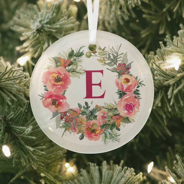 Rosa Wreath Rote Monogram Botanische Weihnachten Ornament Aus Glas (InSitu)