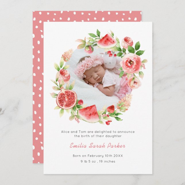 Rosa Wreath Watermelon | Elegante Blumengeburt Ankündigung (Vorne/Hinten)