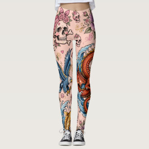Rosa Y2K-Tattoo, Totenkopf Adler Drache Koi Edgy Leggings