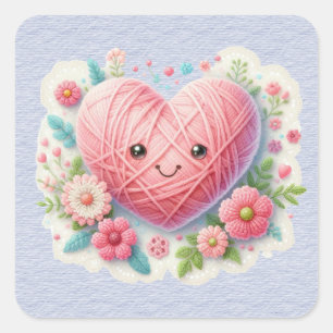 Rosa Yarn Face Valentine Herz Quadratischer Aufkleber