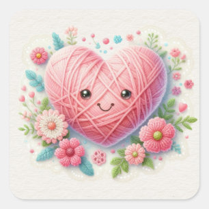 Rosa Yarn Face Valentine Herz Quadratischer Aufkleber