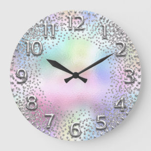 Rosa Zahlen Unicorn Glitzer Holograph Silver Große Wanduhr