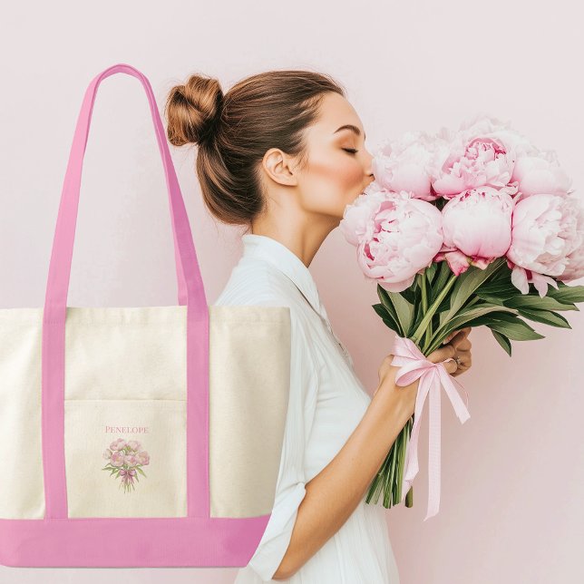 Rosa Zapfen mit Bow Coquette Contrast Trim Tragetasche (Pink Peony tote bag with personalized custom name)