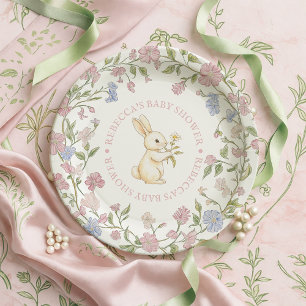 Rosa zartes Vintage-Blumen-Hasen-Baby-Shower Pappteller