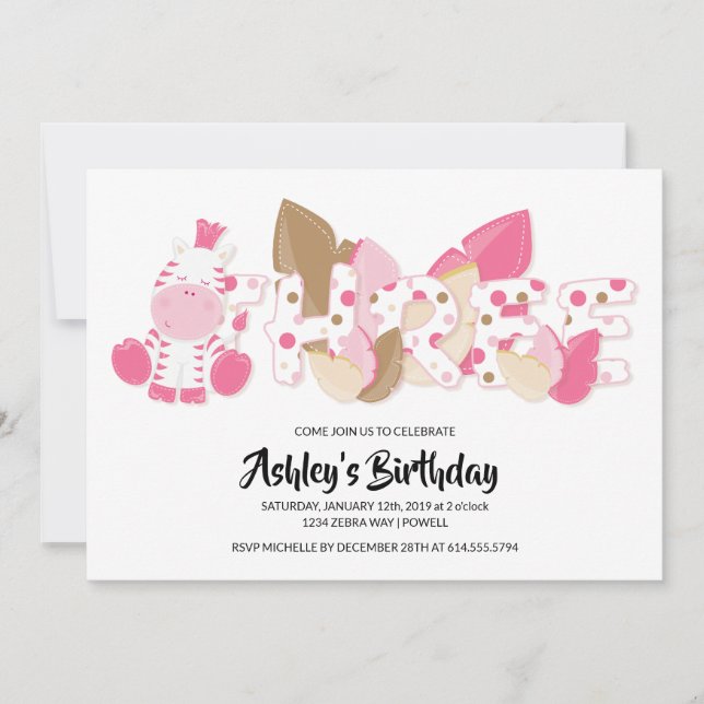 Rosa Zebra Dritte Geburtstagspartei Einladung (Vorderseite)