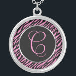 Rosa Zebra drucken Extravaganter Buchstabe C Versilberte Kette<br><div class="desc">Skriptbuchstaben A in rosa auf einem schwarzen und rosa Zebra drucken Hintergrund.</div>