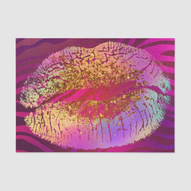 Rosa Zebra Print Rainbow Gold Glitzer Lippen Party Seidenpapier (Vorderseite)