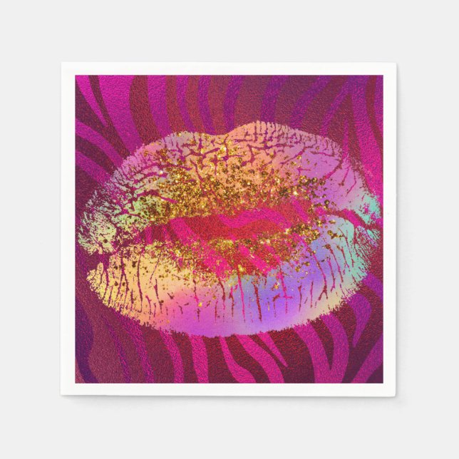 Rosa Zebra Print Rainbow Gold Glitzer Lippen Party Serviette (Vorderseite)