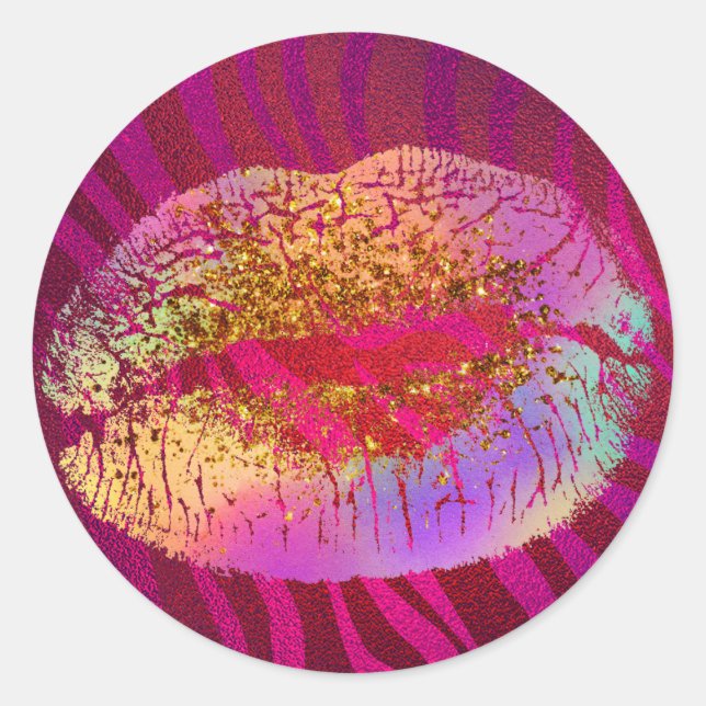 Rosa Zebra Print Rainbow Gold Glitzer Lips Gefalle Runder Aufkleber (Vorderseite)