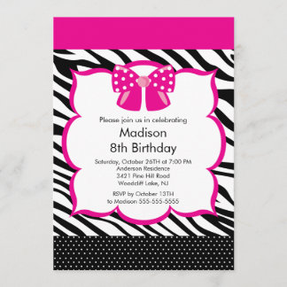Rosa Zebra-Tween-Geburtstags-Party Einladung