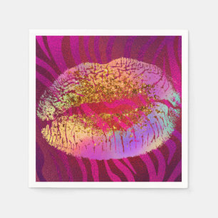 Rosa Zebradruck Regenbogen Gold Glitter Lippen Par Serviette