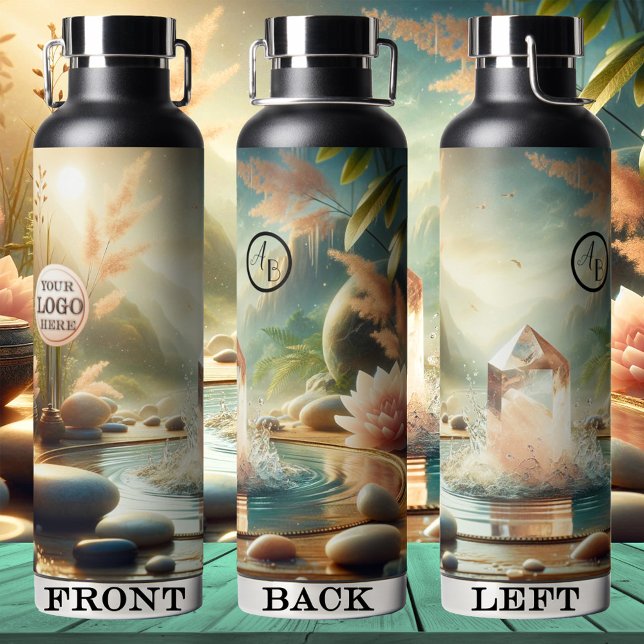 Rosa Zen-Logo Trinkflasche (Elegant water bottle featuring a pink crystal in a fountain with Zen lotus flowers - spiritual -yoga)