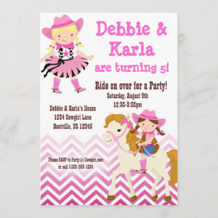 Rosa Zickzack DoppelCowgirls-Geburtstags-Party Einladung