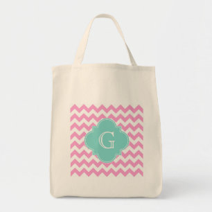 Rosa Zickzack Zigzag Aqua Quatrefolienmonogramm Tragetasche