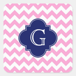 Rosa Zickzack Zigzag Navy Quatrefolie Monogram Quadratischer Aufkleber