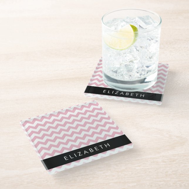 Rosa Zigzag, rosa Zickzack, Wellenmuster, Ihr Name Glasuntersetzer (Schrägansicht)