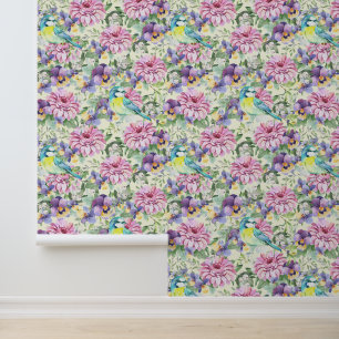 Rosa Zinnia Blume Lila Stiefmütterchen Vögel Tapete