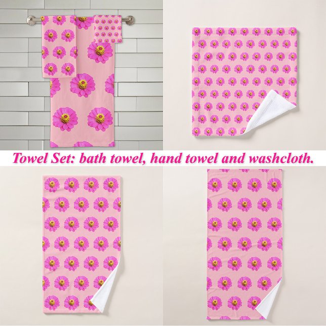 Rosa Zinnia Blume Nahtloses Muster auf Badhandtuch Set (Pink Zinnia flower seamless pattern on bath towel set: wash cloth, hand towel and bath towel)