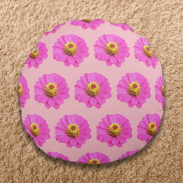 Rosa Zinnia Blume Nahtloses Muster auf Rundes Kissen (Pink Zinnia flower seamless pattern on round throw pillow)